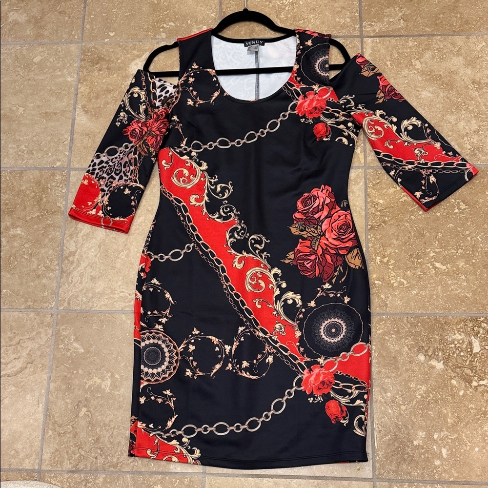 VENUS Black and Red Chain Floral Dress 3/4 sleeve with exposed shoulder
